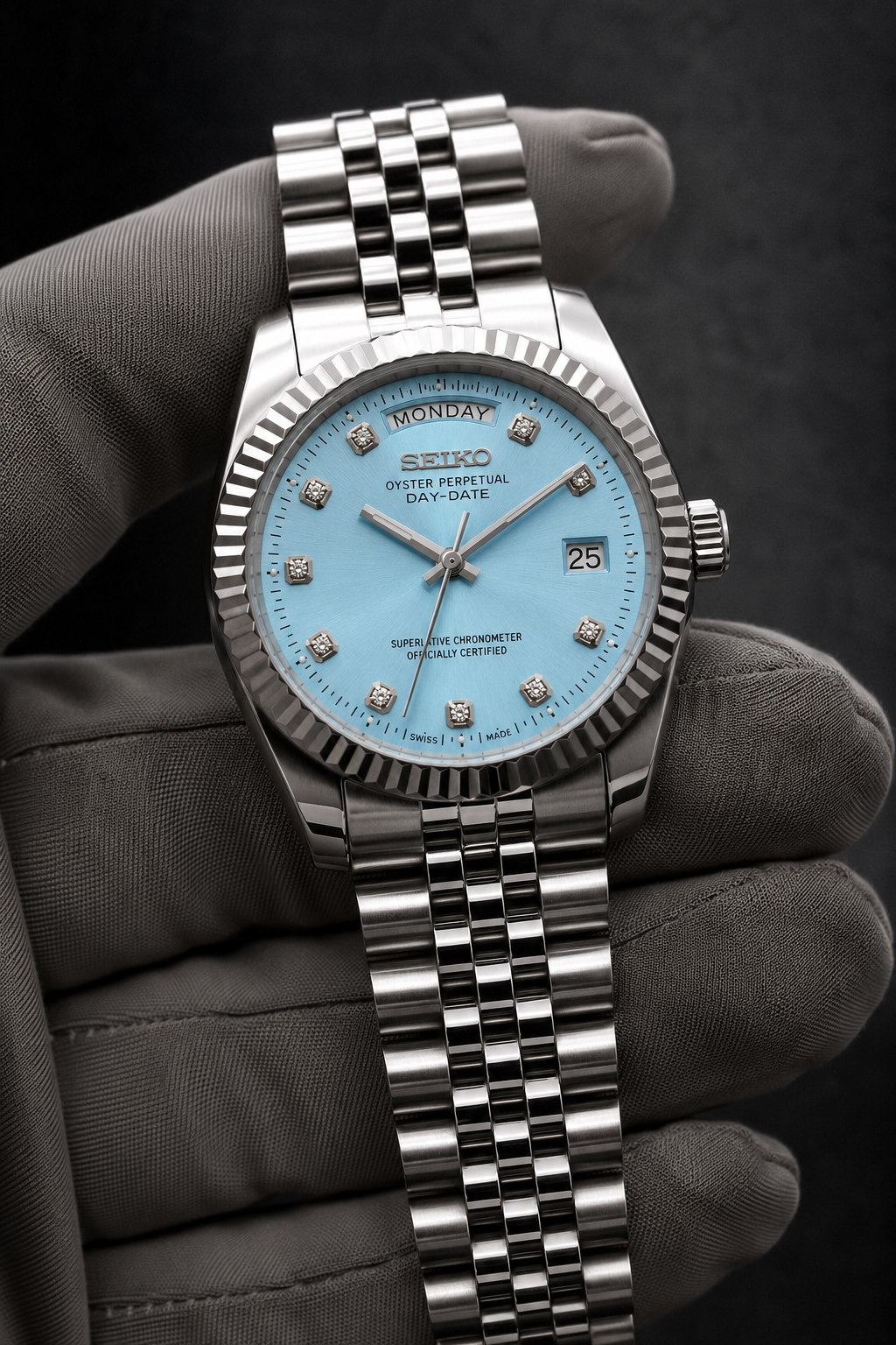 Day-Date Diamant Dial Bleu Clair