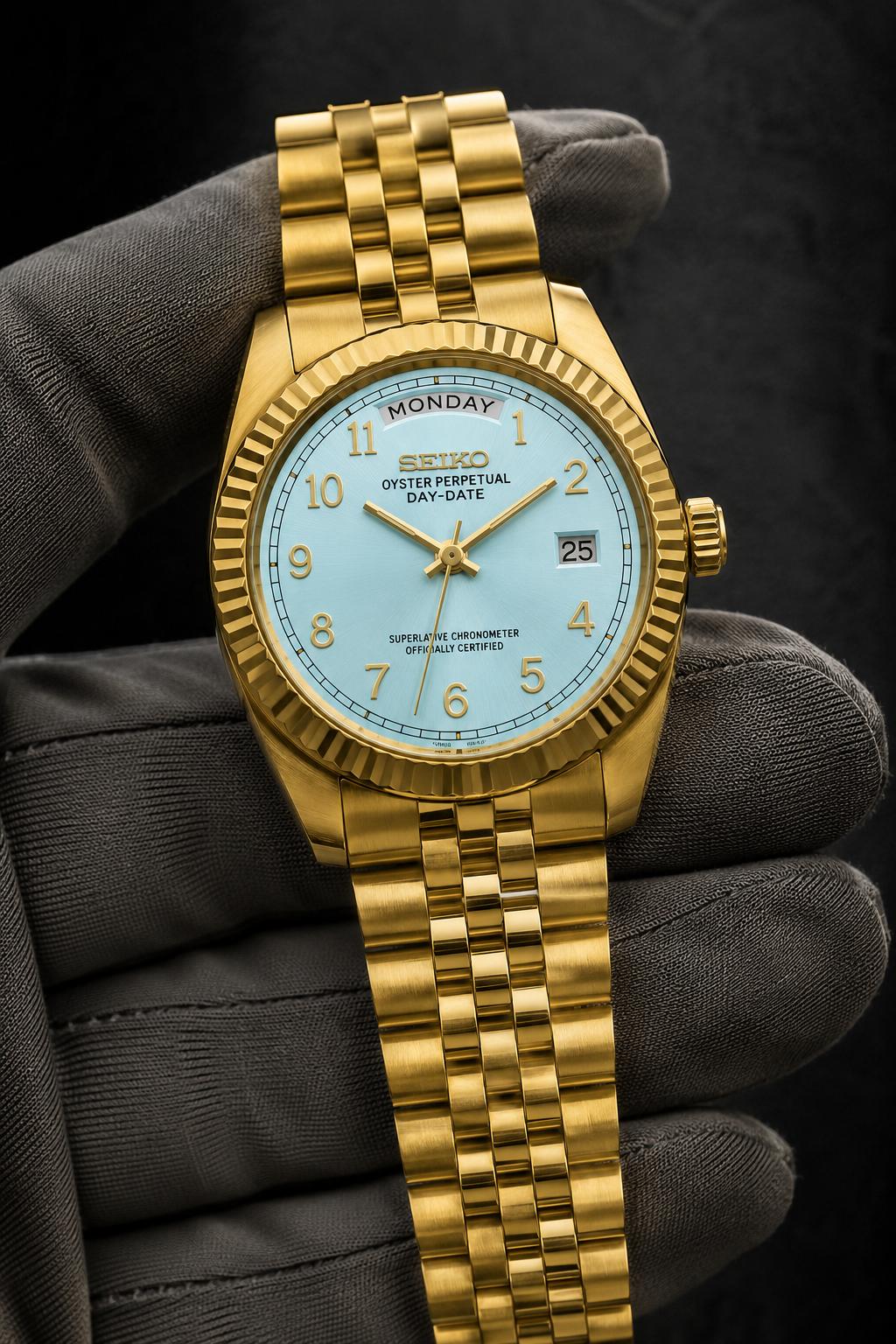 Day-Date Number Dial Or Jaune Bleu Clair